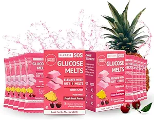 Glucose SOS Meltes faites avec dextrose en poudre de sucre naturel purée de fruits, comme des onglets de glucose, comprimés à action rapide qui fusionnent avec 10 portions individuelles de 15g de cerise/pineapple