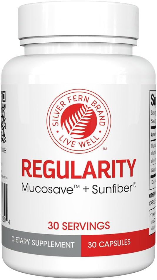 Silver Fern Regularity Digestive Supplement Capsules Brand - 1 Bottle = 30 Capsules = 30 Day Supply - Mucosave FG (Prickly Pear Polysaccharides & Olive Leaf Polyphenols) & SunFiber