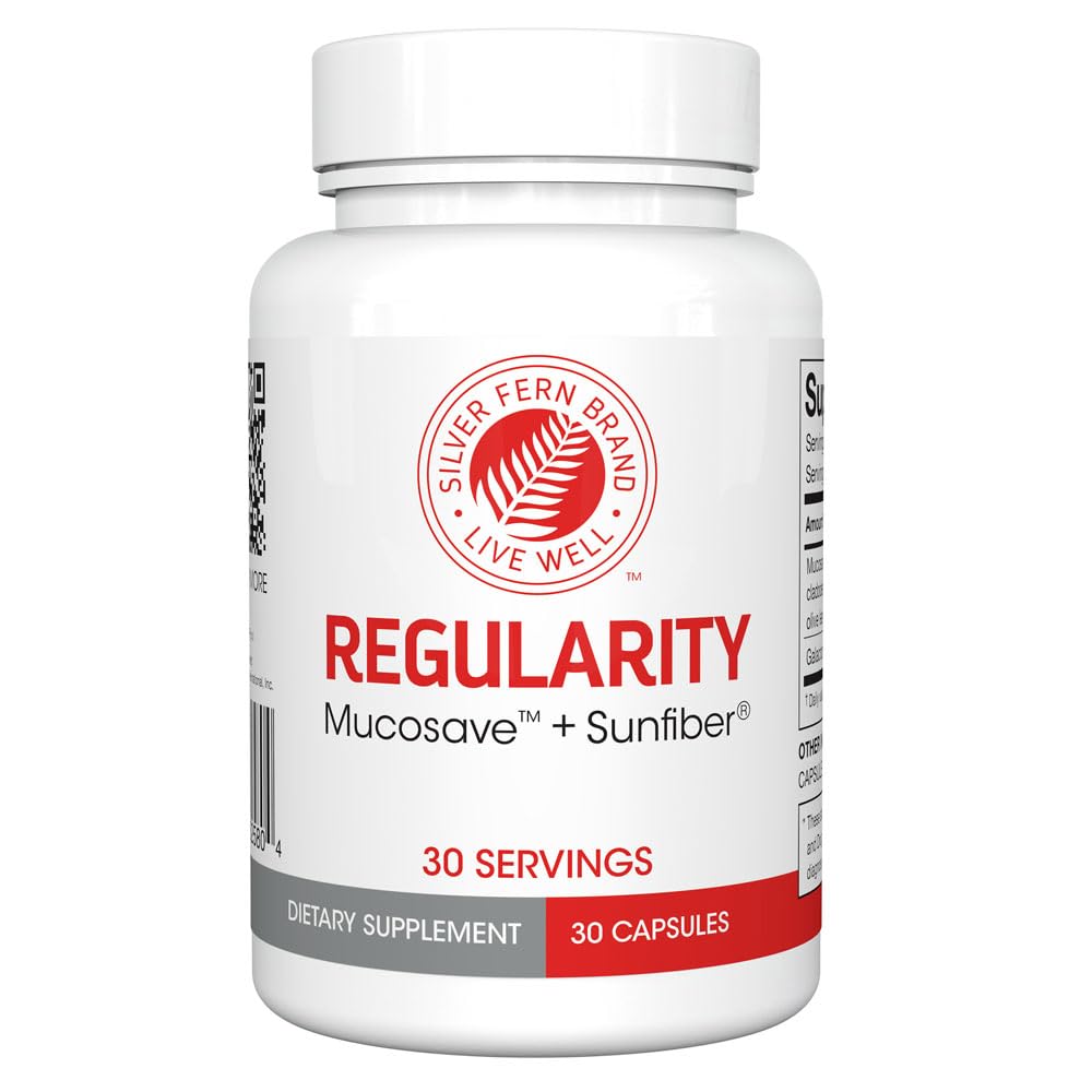 Silver Fern Regulatory Capsules de supplément digestif Marque - 1 bouteille = 30 capsules = 30 jours d'approvisionnement - Mucosave FG (polysaccharides piquants et polyphénols de feuille d'olive) & SunFiber