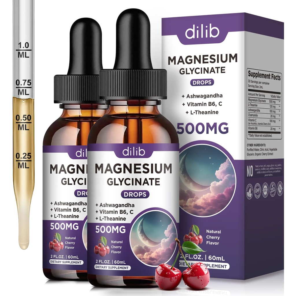 (2 Pack) Glycinat de magnésium gouttes liquides 500mg, avec vitamine B6, Ashwagandha, L - Theanine, Camomille, supplément de Glycinat de magnésium haute absorption pour le sommeil, le stress, l'humeur énergétique - Saveur de cerise