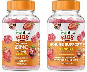 Zinc Lifeable 25mg Enfants + Immune Support Enfants, Gommies Bundle - Grande dégustation, supplément de vitamine, sans gluten, sans OGM, gommy à croquer