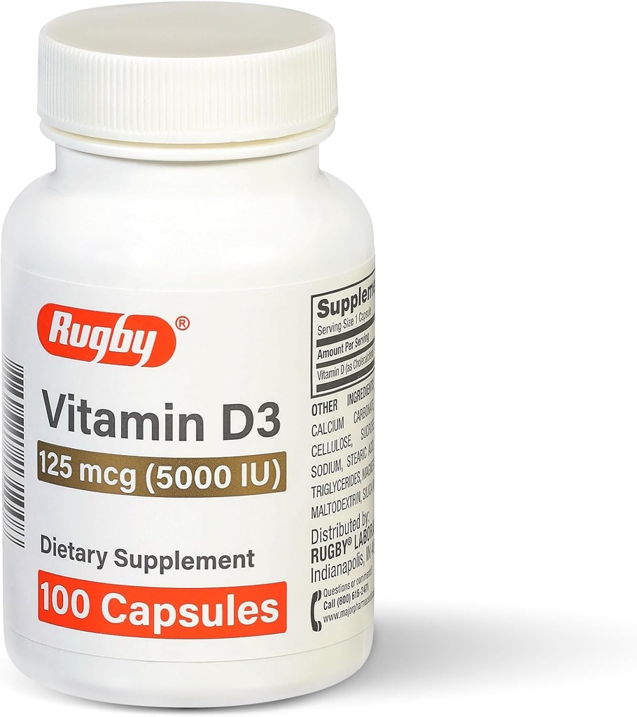 Rugby Vitamine D3 5 000 UI (125 mcg) - Supplément alimentaire de vitamine D pour la santé des os, des dents et des immunes, 100 capsules