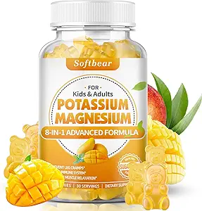 softbear Gommies de magnésium de potassium pour les femmes, suppléments de potassium de magnésium de calcium avec des vitamines Citrate de potassium sans sucre Gummies de soutien de la santé musculaire, Mango Flavor 60 Compte
