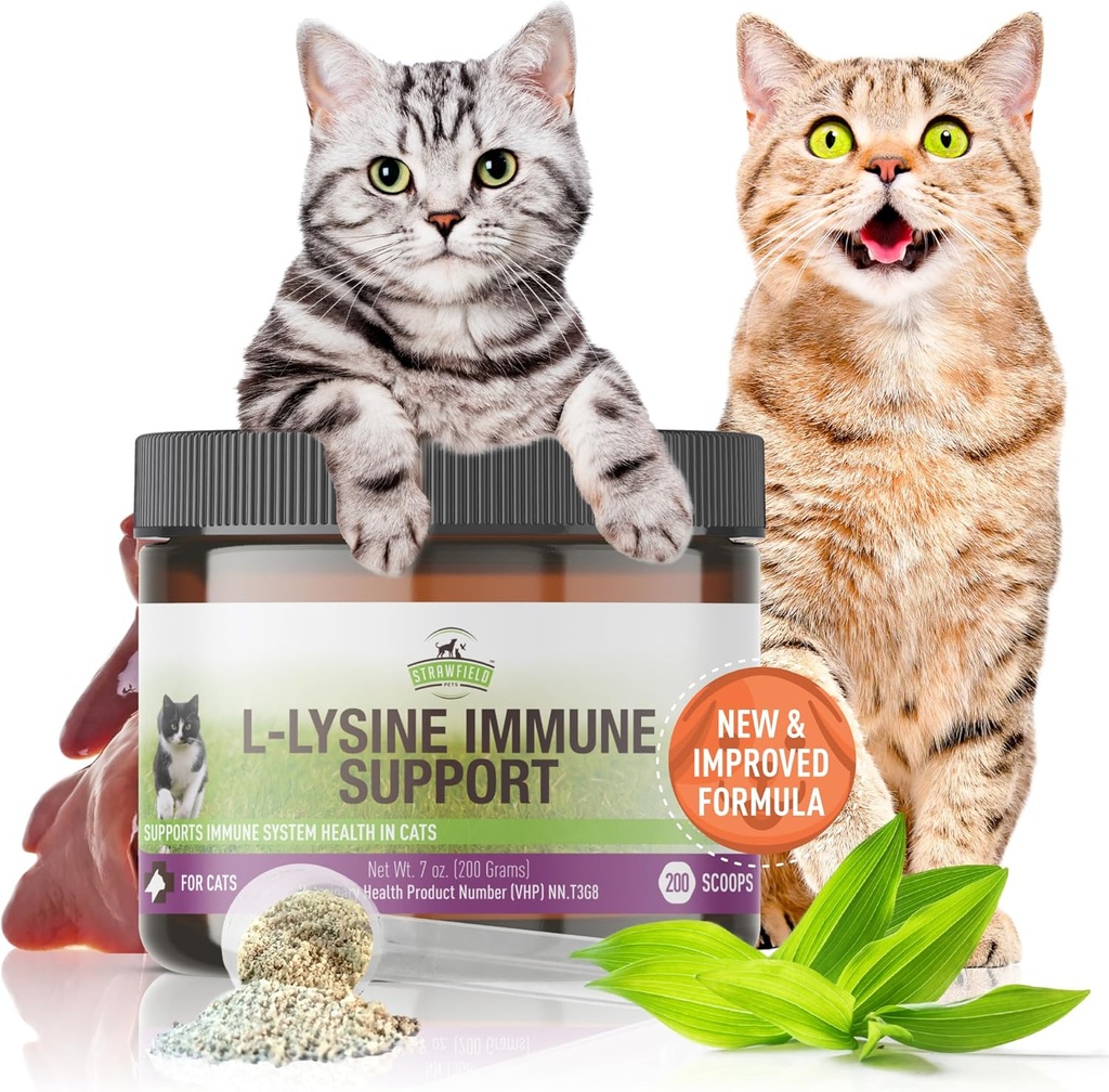 Strawfield Pets L-Lysine Immune Support for Cats & Kittens - 200g Chicken Liver Flavor Granules with Scoop, Immune Health Supplement Cat Cold Relief, Sneezing, Congestion, Running Nose, Watery Eyes