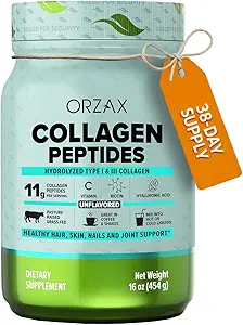 Poudre de peptides de collagène ORZAX - 11 g Collagène de type I et III, Biotine et acide hyaluronique, 16 oz (non aromatisé)