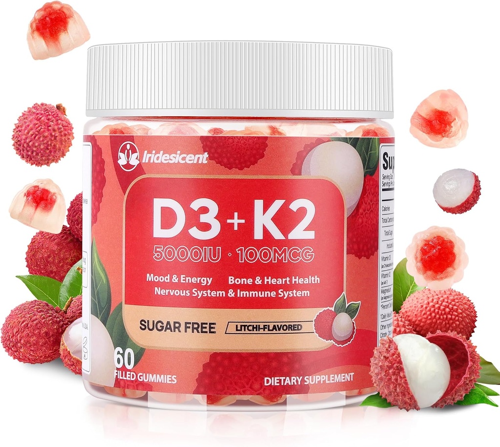 Vitamine D3 K2 Gummies w/Magnésium Sugar Free - 60 Comte , D3 Vitamine 5 000 UI + K2 (MK-7) 100 mcg - Végétalien K2 D3 Supplément de vitamine, très absorbant soutient les os, les muscles, l'humeur et les immunes (Lychee Flavor)