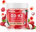 Vitamine D3 K2 Gummies w/Magnésium Sugar Free - 60 Comte , D3 Vitamine 5 000 UI + K2 (MK-7) 100 mcg - Végétalien K2 D3 Supplément de vitamine, très absorbant soutient les os, les muscles, l'humeur et les immunes (Lychee Flavor)