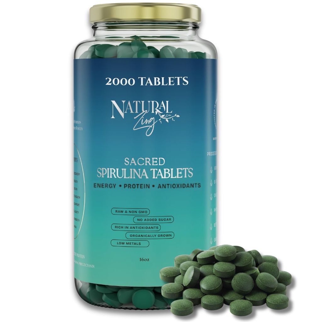 NaturalZing - 100% Pure Organic Spirulina Tablets | Non-GMO | Daily Greens | Vegan Superfood Protein & Antioxidant Support – Rich in Phycocyanin, Beta Carotene & Iron - 2000 Tablets (16 oz Bulk Pack)