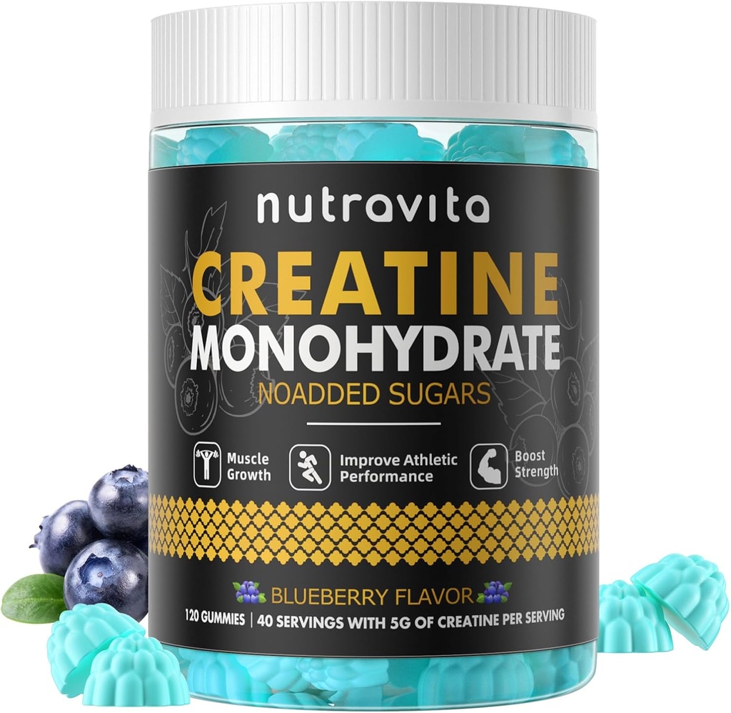 Nutravita Monohydrate de créatine Gommies pour les hommes et les femmes-5g de créatine Monohydrate par service - Sans sucre, Vegan, Blueberry Flavor, 120 Comte