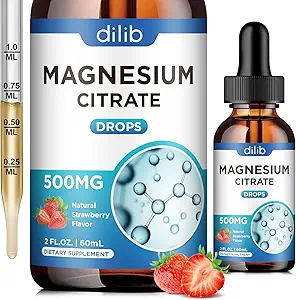 Citrate de magnésium Liquid Magnésium Drops Supplément 500mg-Support Stress Relief, Os, Muscle, Mood, Sleep-2 Fl Oz, Vegan, Fraise Saveur