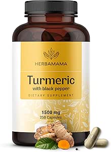 HERBAMAMA Curcumin Turmeric Capsules - 1500mg Curcuma Longa and Black Pepper Extract for Uric Acid & Digestive Support - Vegan, Non-GMO Turmeric Antioxidant Supplement, 250 Caps
