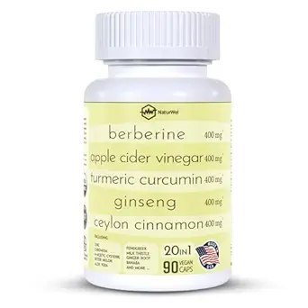 Ceylan Cinnamon Ginseng Berberine Turmeric Apple Cider Vinegar Chromium Zinc N-acétyl Cysteine Lait Thistle Cayenne Banaba Fenugreek Gymnema Sylvestre 20 en 1 Fabriqué aux États-Unis - 90 Capsules