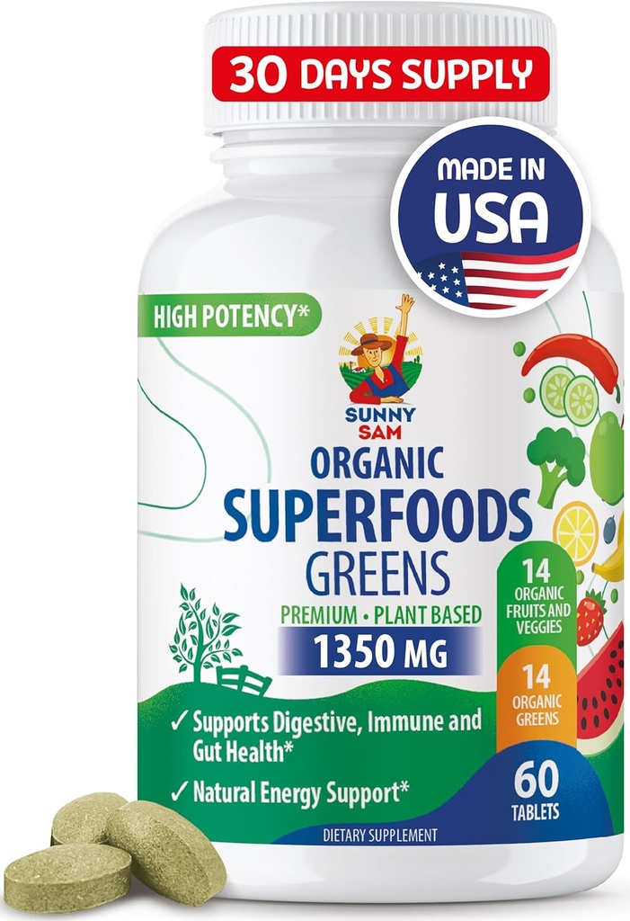 SUNNY SAM Super Suppléments verts pour adultes - 60 comprimés - Super Verts biologiques avec des fruits, légumes et herbes pour le soutien naturel digestif et énergétique