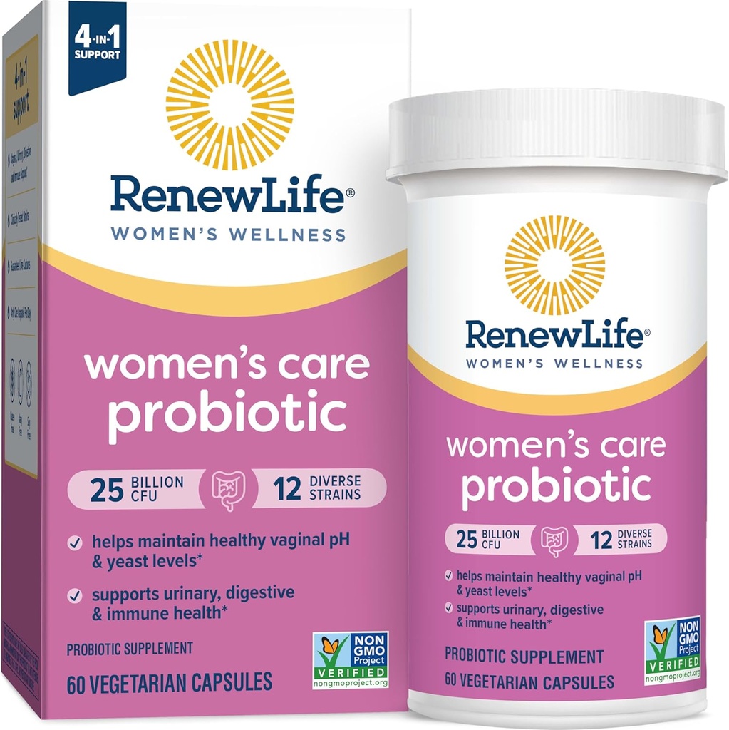 Renouveler la vie Capsules probiotiques pour femmes, soutient l'équilibre du pH pour les femmes, la santé vaginale, urinaire, digestive et immunitaire, L. Rhamnosus GG, lait, soja et sans gluten, 25 milliards CFU - 60 Ct