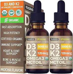 (2 Pack) Vitamine biologique D3 K2 gouttes avec l'huile MCT Omega 3, 5000 UI, résistance maximale Vitamine D liquide, sans remplissage, liquide non OGM D3 pour l'absorption plus rapide et le soutien immunitaire (Mocha, 2 Fl Oz)