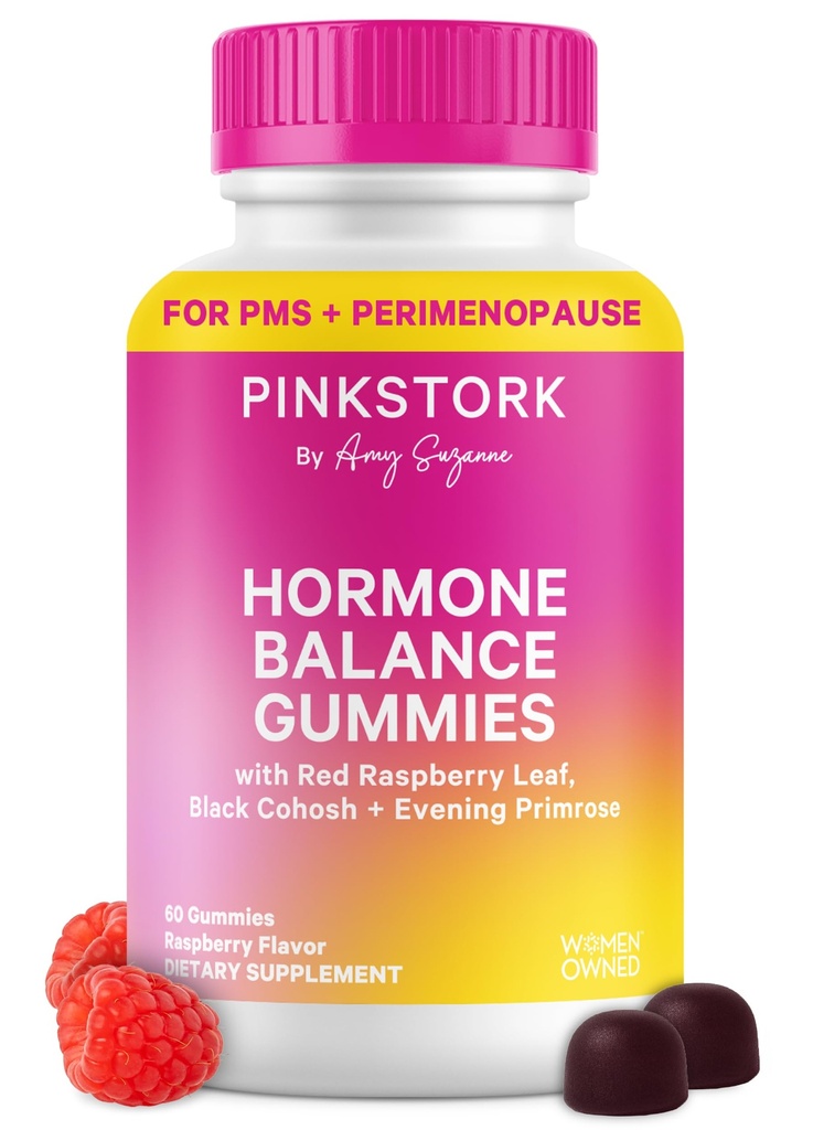 Gummies d'équilibre des hormones pour les femmes – PMS, ménopause et soutien œstrogène – Mood, Bloating, Hot Flashes & Energy – Feuille de framboises rouges, Cohos noirs, Primrose – 60 Gummies végétaliennes