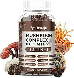 Champignons Complexe Gommies Suppléments 12 Mélange avec Lions Mane Supplément Vegan Blend avec Reishi, Cordyceps, Ashwagandha - Lion Mane Champignons pour adultes Brain Booster, Immune Support, Énergie