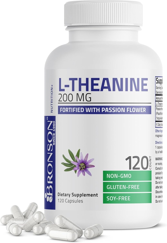 Bronson L-Theanine 200mg (Double-Strength) avec Fleur de Passion Herbe, Supplément de gestion du stress sans gluten sans OGM, 120 Capsules