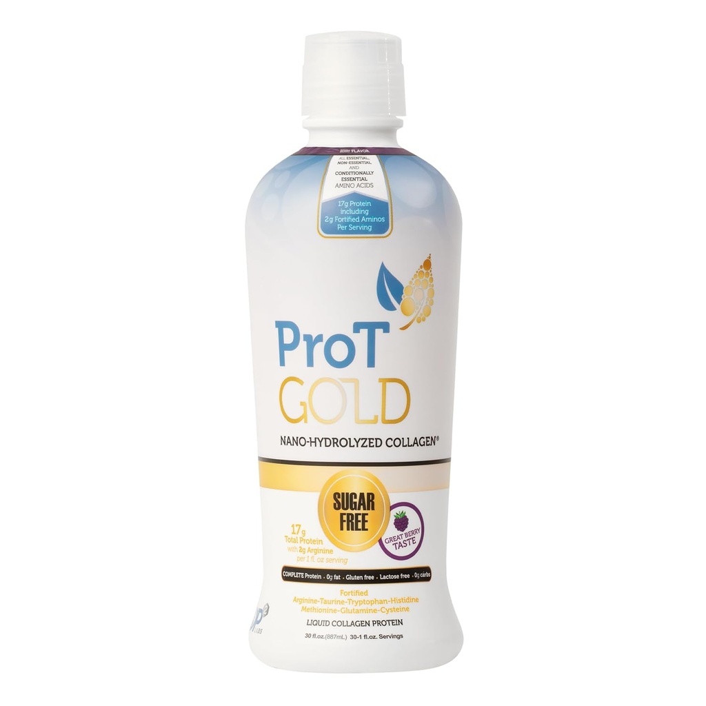 ProT Gold Collagen Protéine de collagène liquide, 17g Protéines claires Nano-Hydrolyzed Grass Collagen, 2g Arginine pour le soutien de la plaie, sans gluten, sans sucre, 0g Carbes, Non OGM, Berry, 30 fl oz bouteille