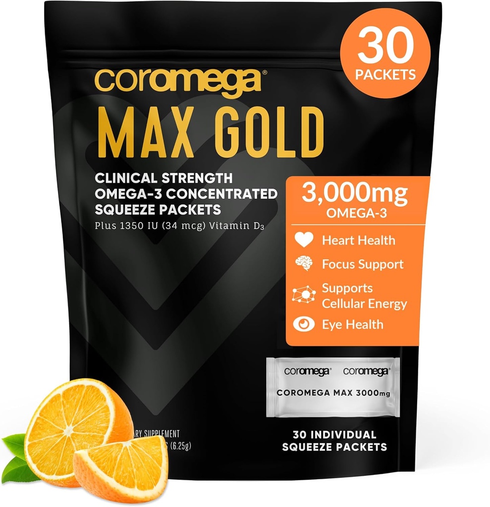 Coromega MAX Gold 3000mg Omega-3 Huile de poisson + Vitamine D Paquets de pression, Wild-Caught, Pas de goût de poisson - 3X Meilleure absorption que les softgels, soutient la santé du cerveau et du coeur (30 portions, saveur orange)