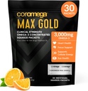 Coromega MAX Gold 3000mg Omega-3 Huile de poisson + Vitamine D Paquets de pression, Wild-Caught, Pas de goût de poisson - 3X Meilleure absorption que les softgels, soutient la santé du cerveau et du coeur (30 portions, saveur orange)