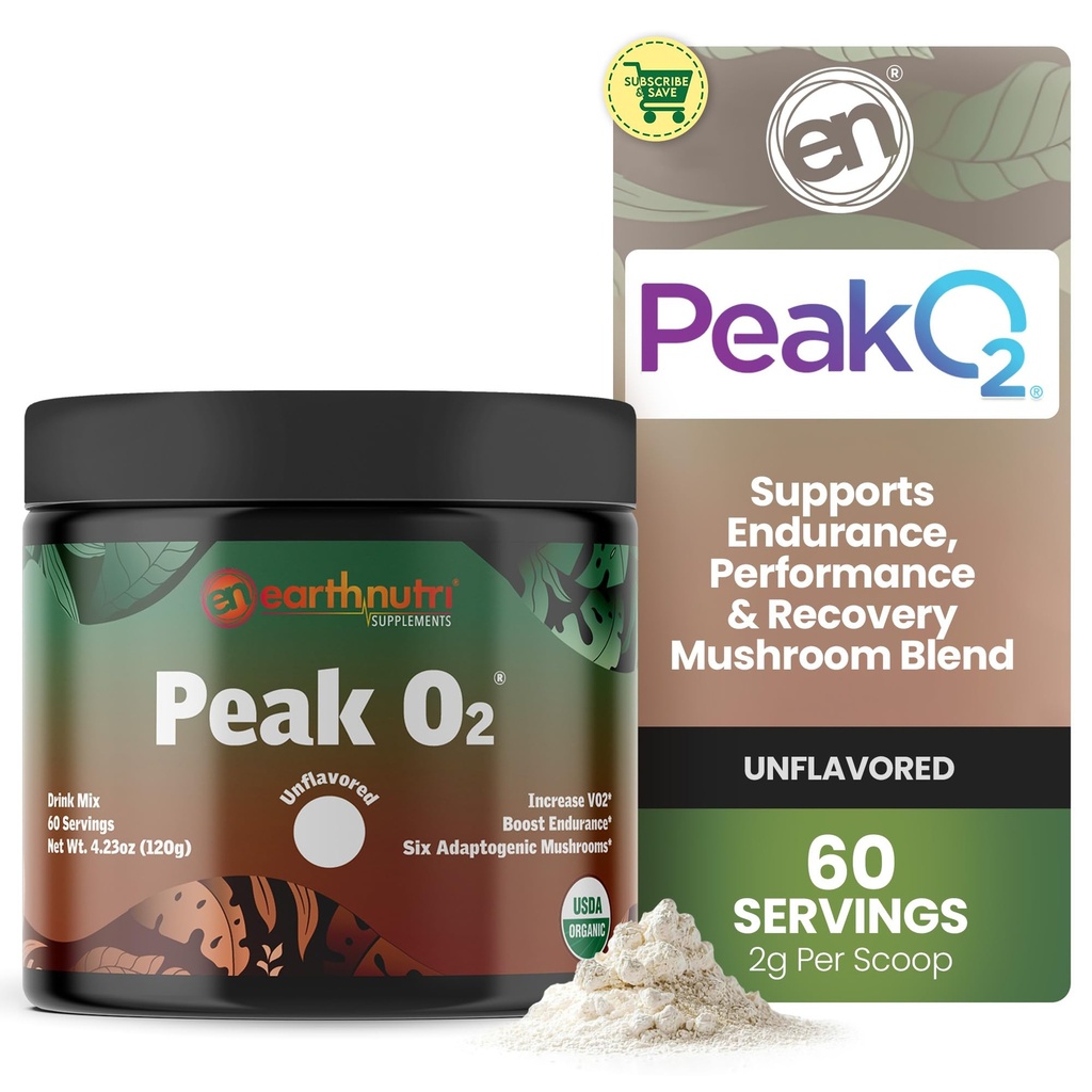 Supplément d'entraînement EarthNutri PeakO2 - Supplément de champignons pour l'endurance et la performance sportive avant l'entraînement – Pas d'additifs, pas de remplissage – soutient l'endurance, la force et la récupération - 60 portions