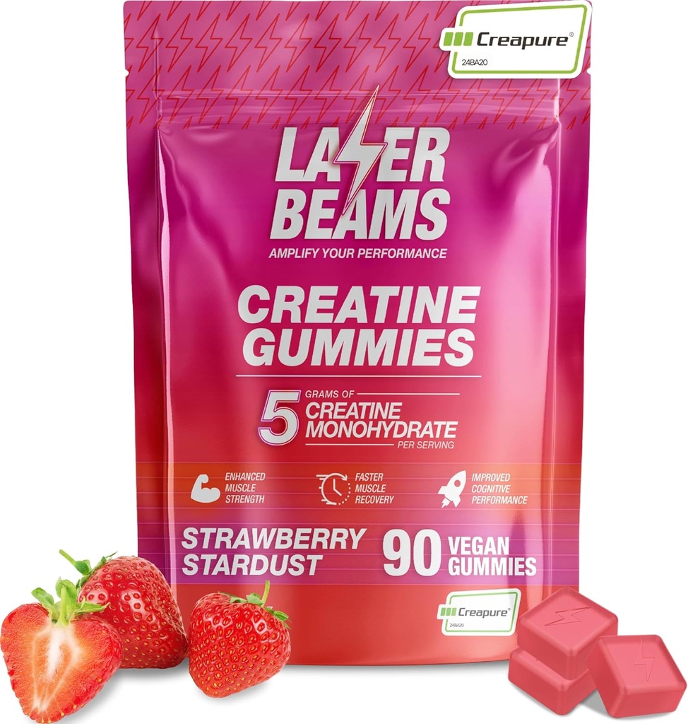 Gommies monohydratées créatine - 5g Creapur Creatine par portion - Vegan - Boost Muscle Strength, Endurance, Recovery & Mental Focus - 90 Gommies sans gluten (Strawberry)