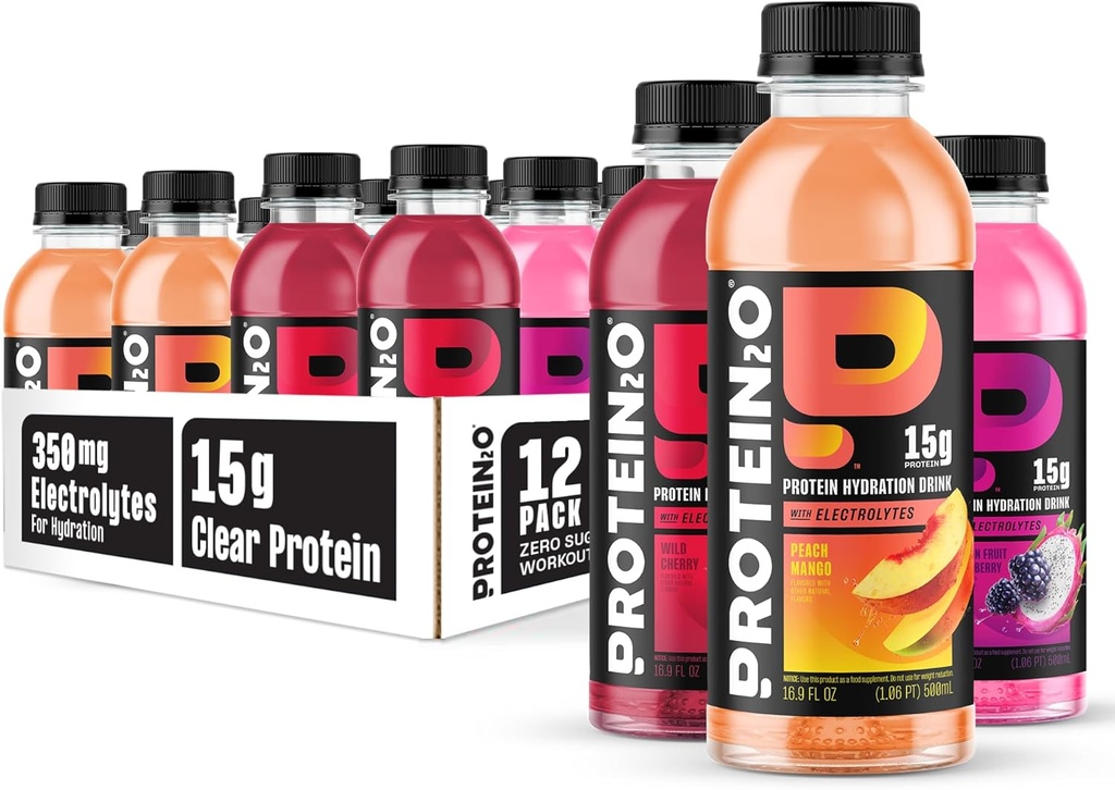 Boissons d'hydratation protéinique2o - 2-en-1 liquide clair de lactosérum protéinique et de boisson électrolyte - 15g de protéines, vitamines B5, B6 - Récupération après l'entraînement - 16,9 Fl Oz - 12 Count Flavor Fusion Variety Pack