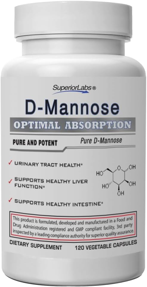 Superior Labs D-Mannose 500 mg, Pure Non-GMO Optimal Absorption Prebiotic, Urinary Tract, Bladder & Kidney UTI Support, Digestive & Liver Health Aid, IC Relief for Women & Men, 120 Veg Caps