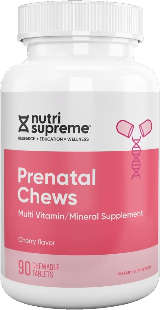 Nutri Supreme Vitamine prénatale, Vitamines prénatales à croquer pour les femmes avec 800 MCG de folate, Multivitamine complète de grossesse avec fer, Kosher, Cherry Flavor, 90 Comte