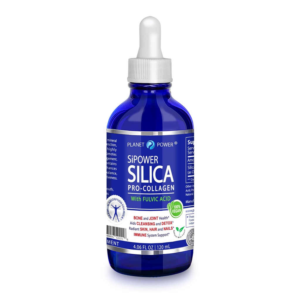 SiPower Silica Vegan Collagen, Supplément gouttes-acide minéral orthosilicique (CH-OSA) + acide fulvic. Booster de collagène naturel pour les articulations, les os, les cheveux, la peau, les ongles, l'immunité et la santé digestive-4oz