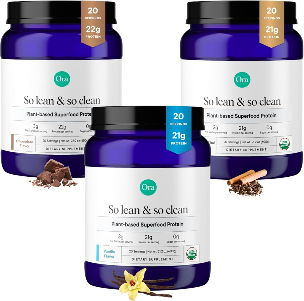 Poudre de protéines organiques Ora Vanille, Chocolat & Vanilla Chai Bundle: 21g à base végétale, Vanilla, Vanilla Chai, 20 portions + 22g à base végétale, Chocolat, 20 portions