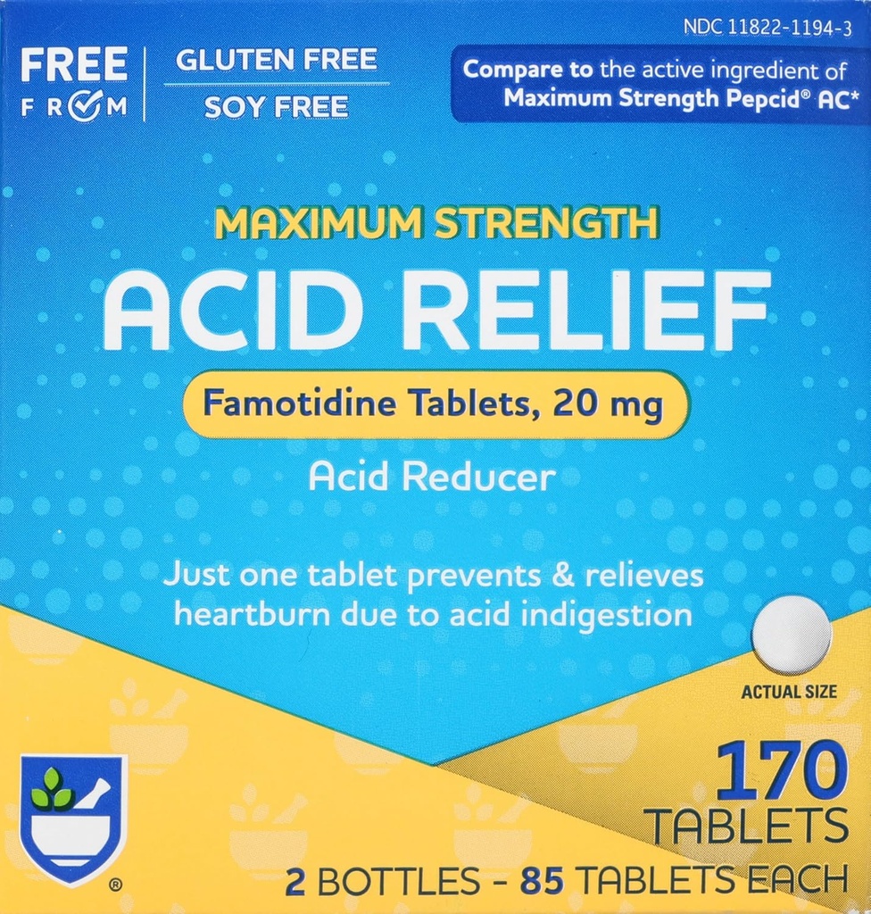 Rite Aid Acid Reducer, Fatotidine Comprimés de force maximale, 20 mg - 2 bouteilles, 85 Comptez chaque (170 Compte Total)