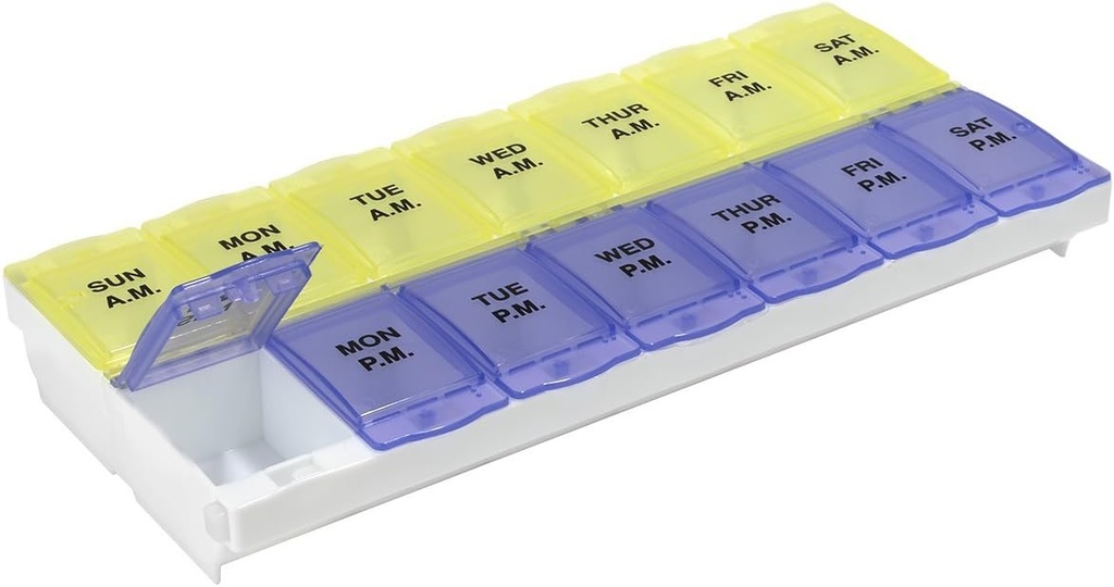 EZY DOSE (14 jours) Planificateur de pilules AM/PM, Cas de médicaments, Boîte d'organisateur de vitamines, 2X-large compartiments de verrouillage pour sécuriser les médicaments sur ordonnance et prévenir les déversements accidentels, couleur mai Varier, sans BPA