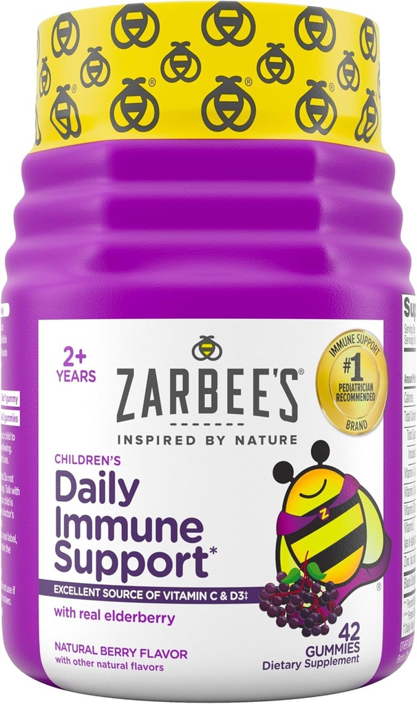 Zarbee’s Kids Elderberry Immune Support Supplement Gummies, Vitamins A C D3 E & Zinc, Elderberry Extract, Gluten & Gelatin Free, No Artificial Flavors, Natural Berry Flavor, Ages 2+, 42 Ct