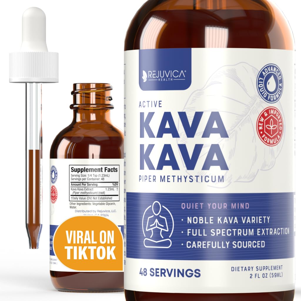 Rejuvica Health Kava Kava Root Extract Supplement - actif Kava Kava - Potent Relaxation et calme - Extrait liquide - Piper Methysticum - Noble Variety - Kavalactone naturelle - 48 portions