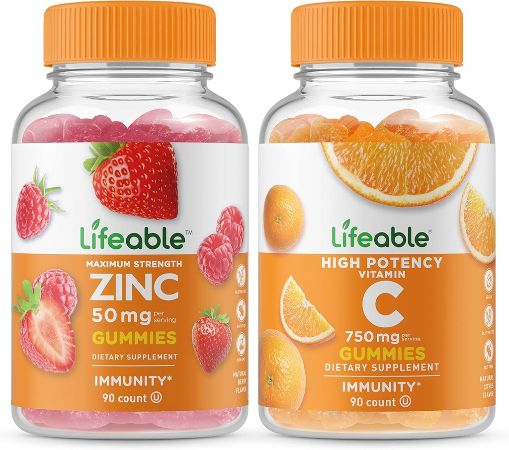 Zinc Lifeable 50mg + Vitamine C 750mg, Gummies Bundle - Grande dégustation, supplément de vitamine, sans gluten, sans OGM, gummy à croquer