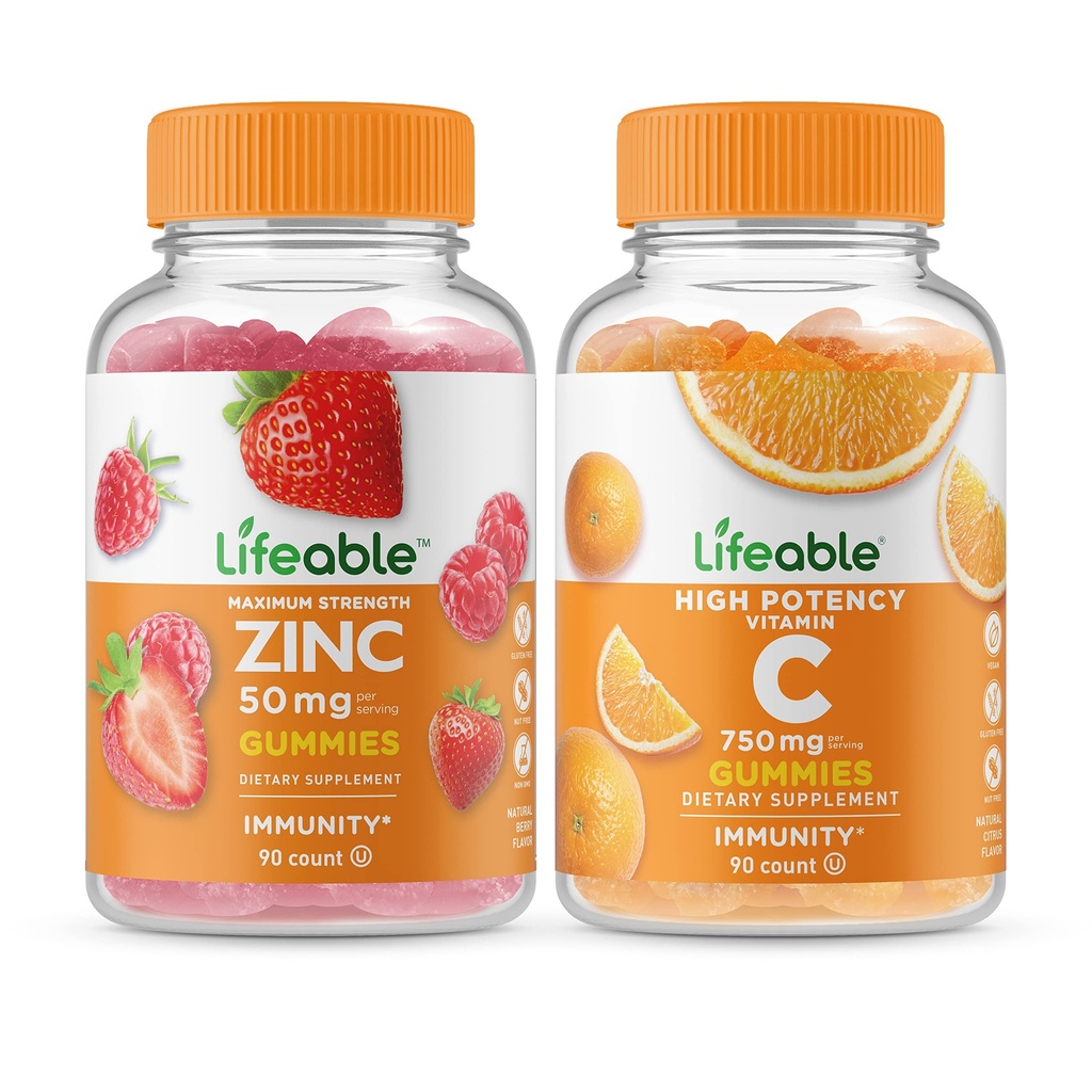 Zinc Lifeable 50mg + Vitamine C 750mg, Gummies Bundle - Grande dégustation, supplément de vitamine, sans gluten, sans OGM, gummy à croquer