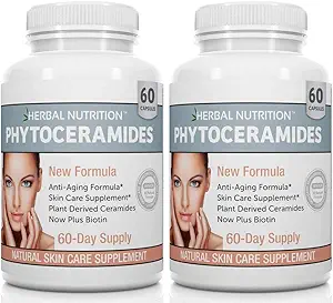 Phytocéramides Riz à base de suppléments anti-vieillissement de la biotine, détachant les rides et hydratant le visage avec les phytocéramides Vitamine A, C, D et E, deux flacons, 120 capsules 40mg, sans gluten