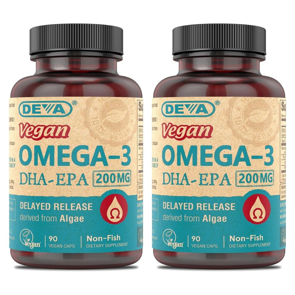 DEVA Vegan Omega-3 DHA-EPA, de Micro Algae, libération retardée, 90 capsules végétaliennes (paquet de 2)