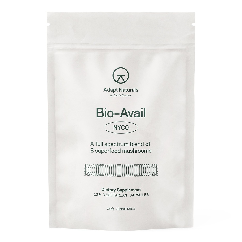 Adapter Naturals Bio-Avail Myco - 8-en-1 Biodisponible Supplément de champignons Complexe de champignons - Chaga, Cordyceps, Reishi, Lions Mane - Pression artérielle, Mémoire, Immune - 120 Capsules