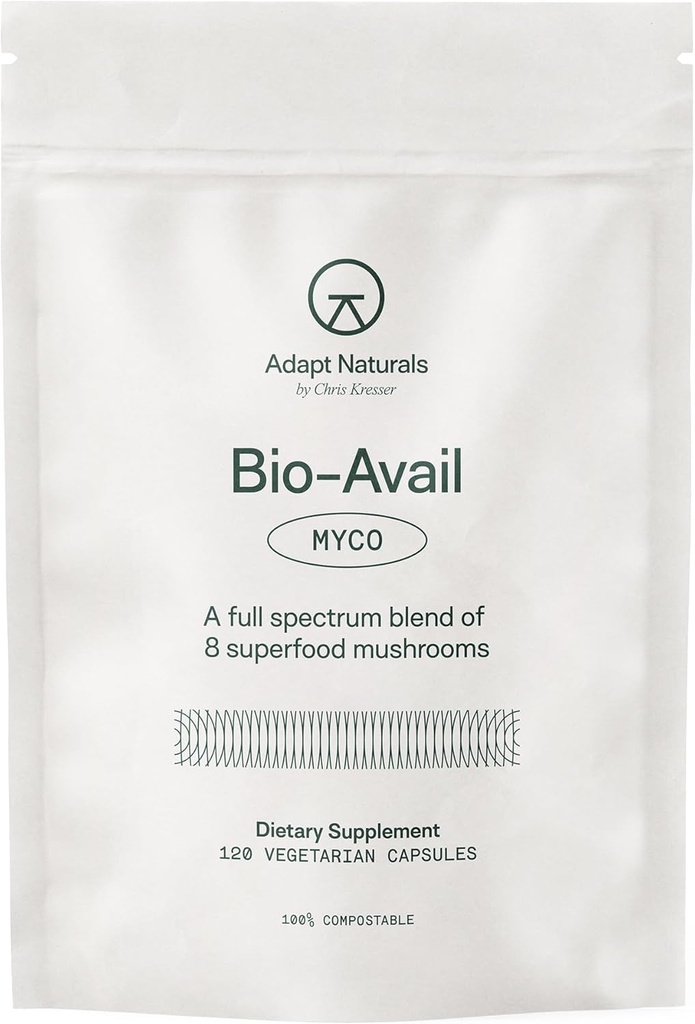 Adapter Naturals Bio-Avail Myco - 8-en-1 Biodisponible Supplément de champignons Complexe de champignons - Chaga, Cordyceps, Reishi, Lions Mane - Pression artérielle, Mémoire, Immune - 120 Capsules