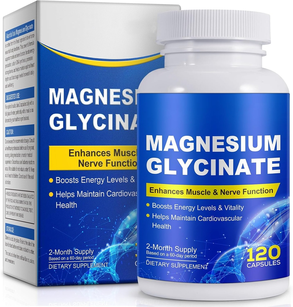 Magnésium Glycinate pour le sommeil, l'humeur, cerveau, haute absorption 120 Capslues Supplément, Magnésium élémentaire avec 100mg de calcium - hautement biodisponible - avec vitamine D3 et K2