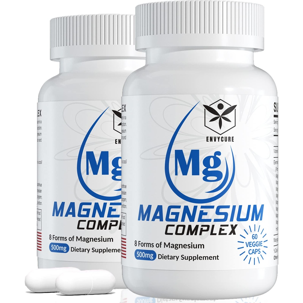 Supplément complexe de magnésium 8 formes, 500mg Magnésium Glycinate, Malate, Citrate, Mg d'absorption élevée pour le calme, le sommeil, l'humeur et le muscle sain, paquet de 2, Total 120 capsules végétaliennes