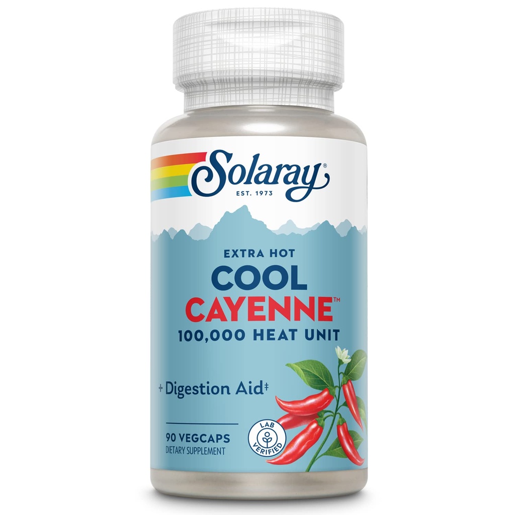 SOLARAY Extra Hot Cool Cayenne 100 000 HU - Aide à la restauration et à la digestion folkloriques traditionnelles - Bio-Cool Process - Laboratoire vérifié, installations BPF, garantie de 60 jours - 45 portions, 90 VegCaps