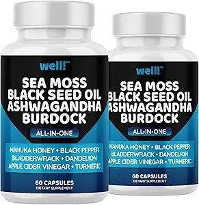 Sea Moss 3000, Black Seed Oil 2000, Ashwagandha 1000, Bladderwrack, Maca, Turmeric - Manuka Honey, Dandelion & Black Pepper, Super Antioxidants Supplement -120