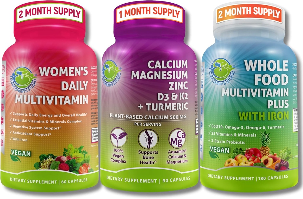Multivitamines véganes et trio de calcium–multivitamine alimentaire avec fer + femmes Multivitamine quotidienne avec fer + Calcium à base végétale, Magnésium, Zinc, D3, K2 & Turmeric – Support énergie, os et imune