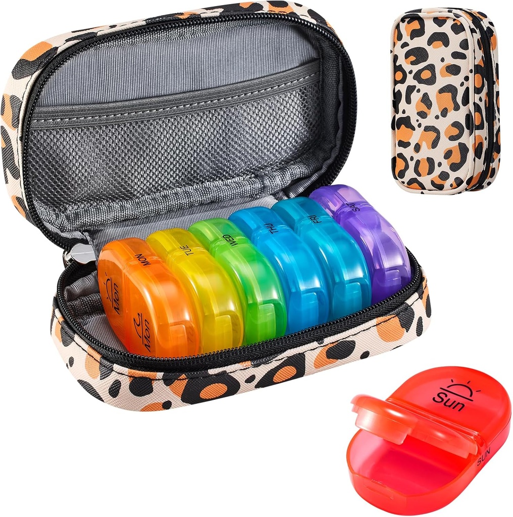 Serfeymi Weekly Travel Pill Organizer 2 fois par jour AM PM Upgraded Rainbow Pill Box 7 Day with Portable Zipper Pill Cas en cuir PU, Organisateur de médecine pour les pilules, vitamines, huiles de poisson - Brown 02
