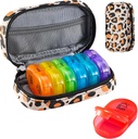 Serfeymi Weekly Travel Pill Organizer 2 fois par jour AM PM Upgraded Rainbow Pill Box 7 Day with Portable Zipper Pill Cas en cuir PU, Organisateur de médecine pour les pilules, vitamines, huiles de poisson - Brown 02