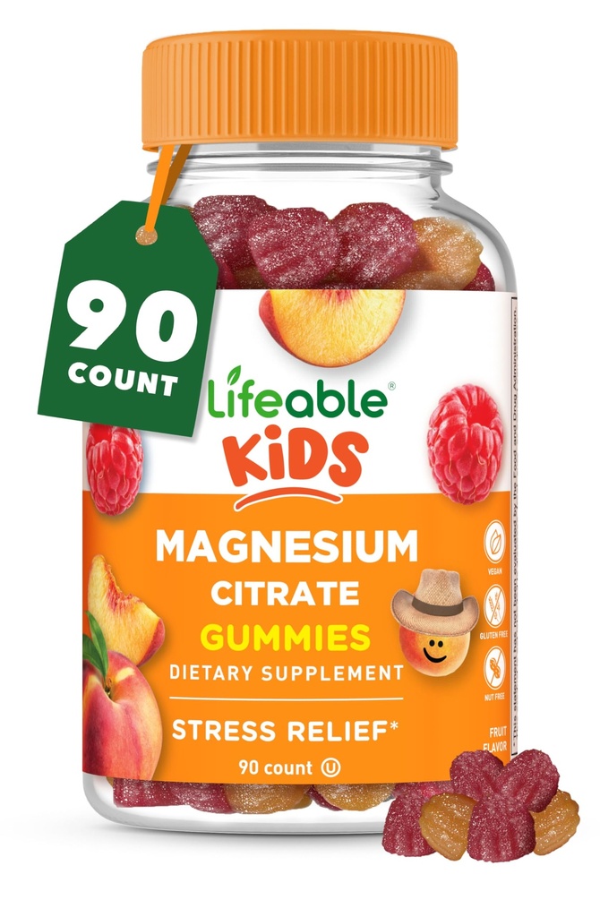Gommies de Magnésium Lifeable pour les enfants de 170mg Magnésium élémentaire de 1,420mg Citrate de Magnésium de Grande Dégustation pour les enfants Supplément de Magnésium de Soutien musculaire et anti-stress Chewable de 90 Gommies